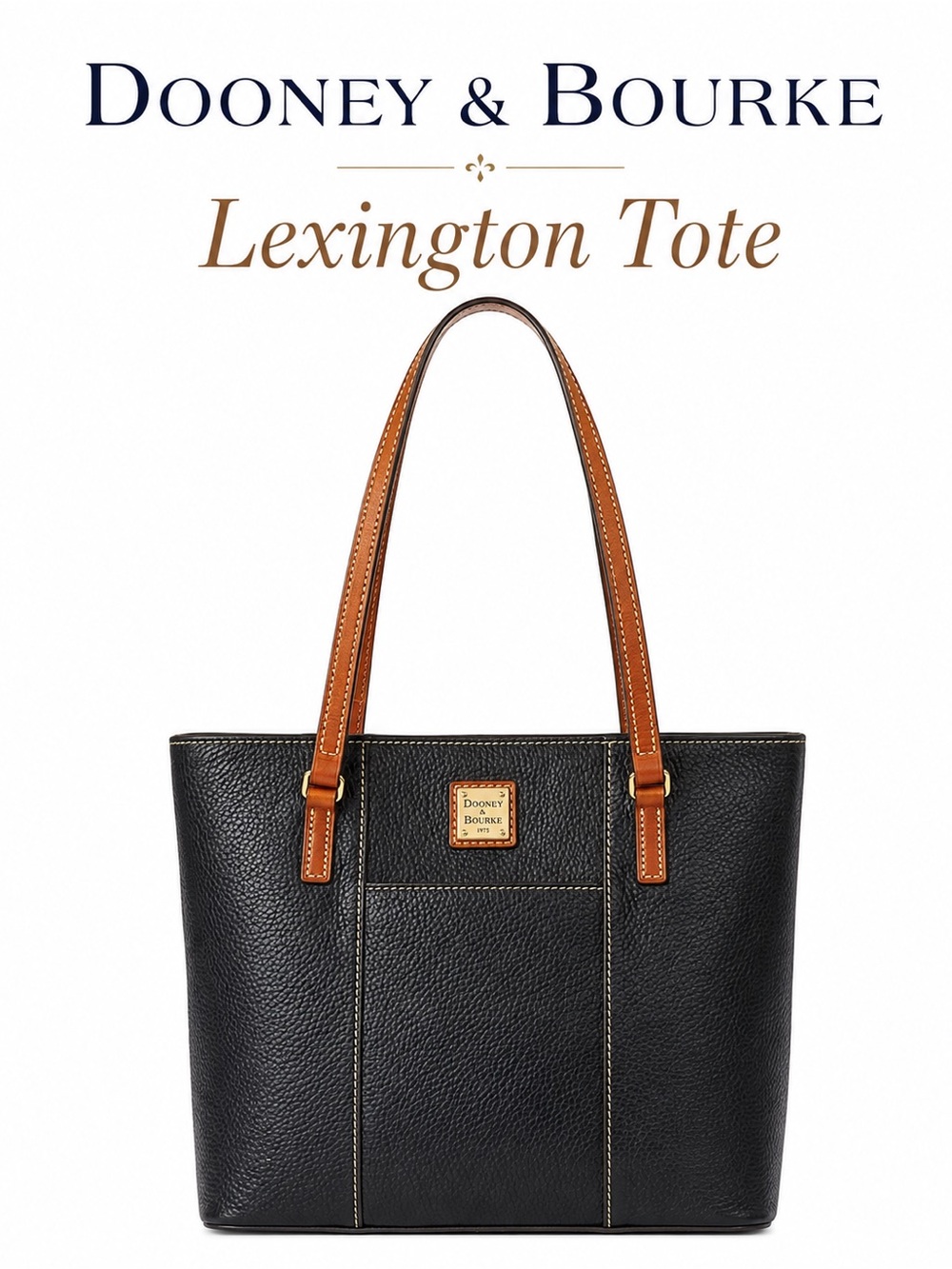 Dooney & Bourke Lexington Tote Black Pebble Leather British Tan Shoulder Bag LG